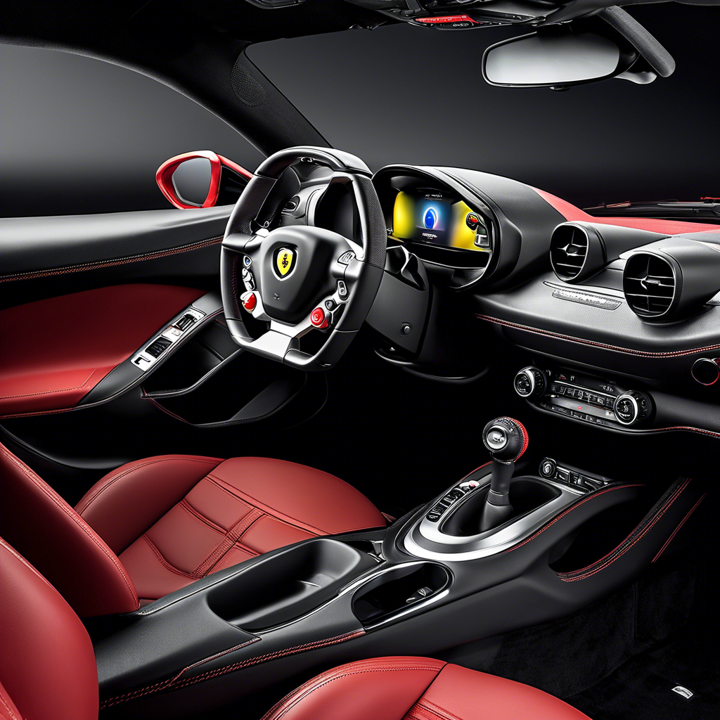 Ferrari 458 interior with steering wheel and Apple CarPlay on dashboard display.