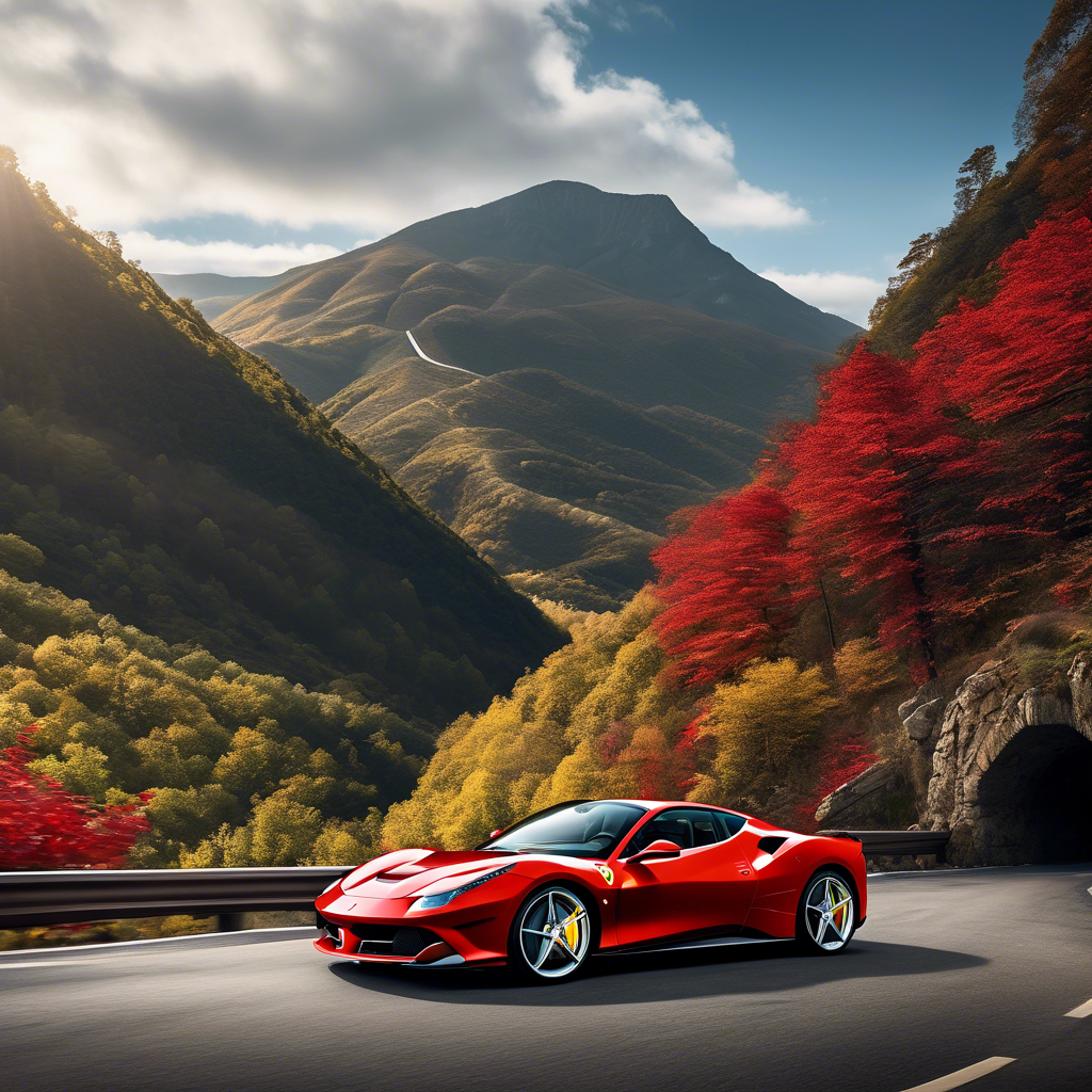 Red Ferrari driving on a scenic mountain road with autumn foliage.