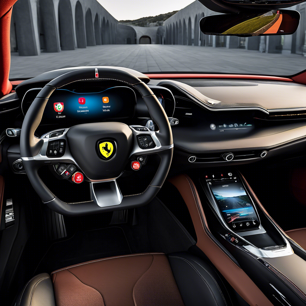 Interior of a Ferrari Roma showcasing the steering wheel and infotainment system with Apple CarPlay.