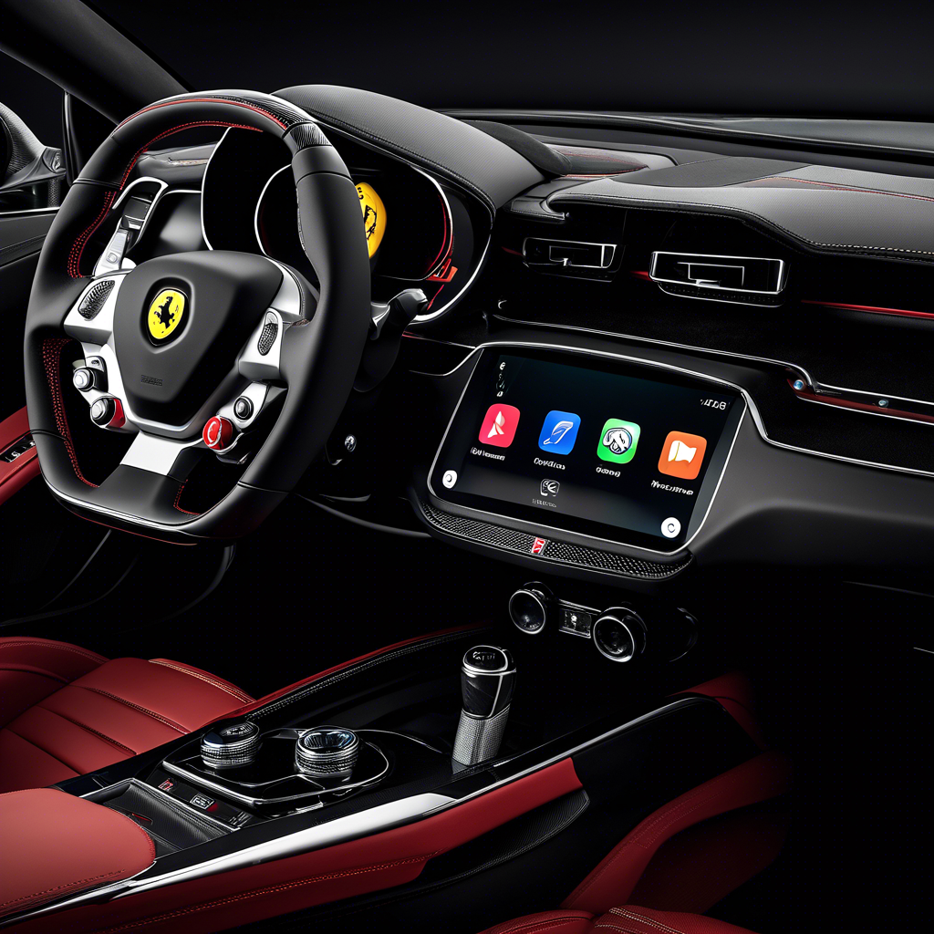 Ferrari interior with CarPlay on dashboard display.