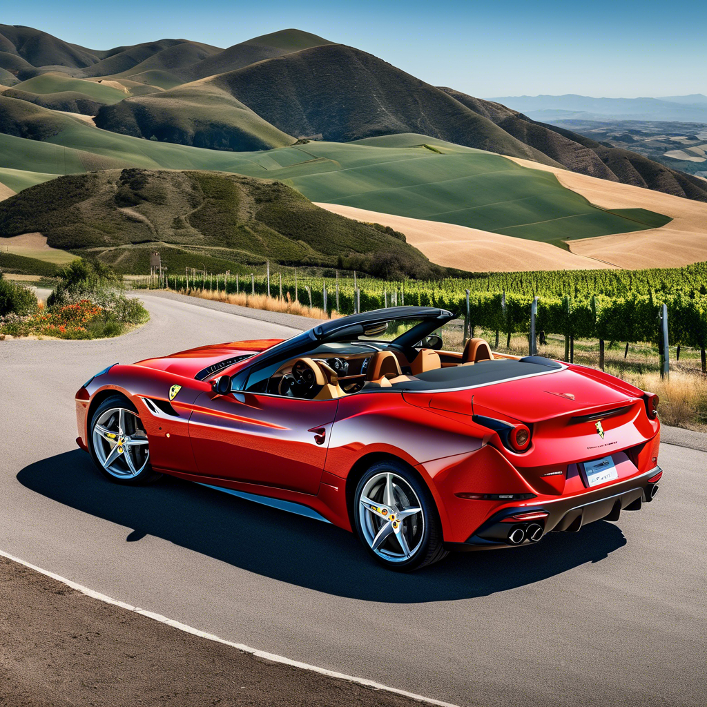 Red Ferrari California convertible driving through hilly countryside.