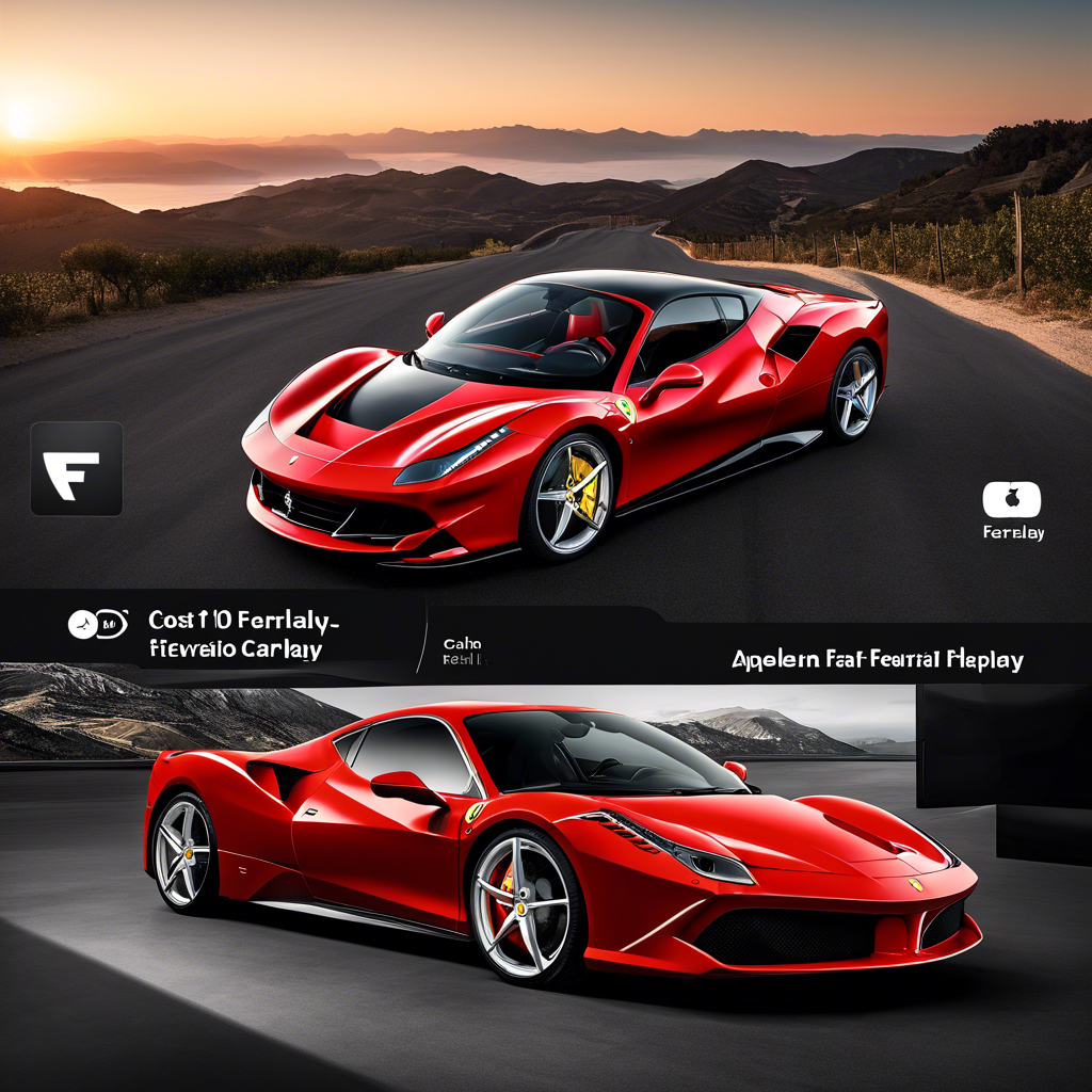 Two Ferraris on a road at sunset, with a hint of Apple CarPlay interface icons.