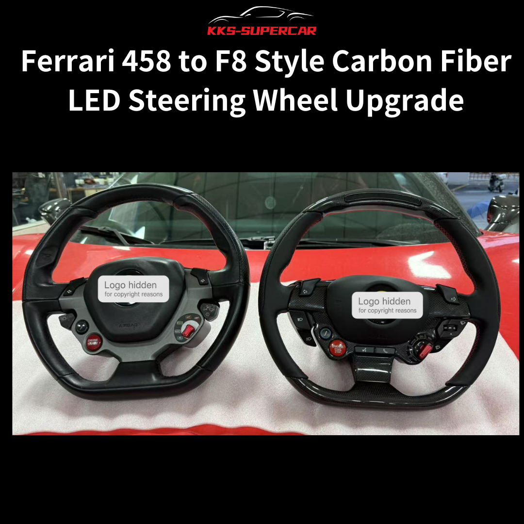 Ferrari 458 and F8 style carbon fiber LED steering wheels side by side on red car