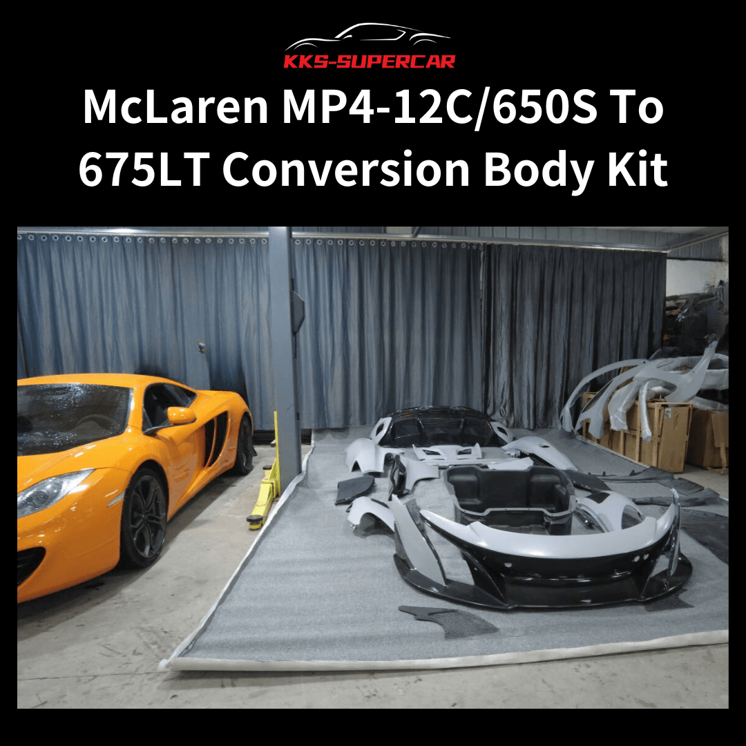 McLaren MP4-12C 650S to 675LT conversion body kit parts in garage beside orange supercar.