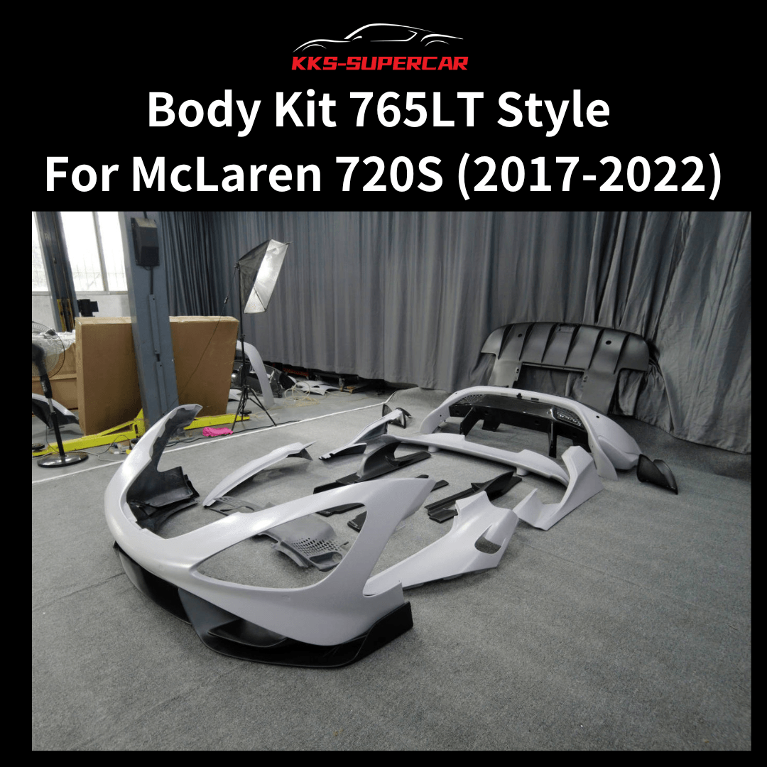 Body kit 765LT style for McLaren 720S 2017-2022, unpainted components displayed indoors.