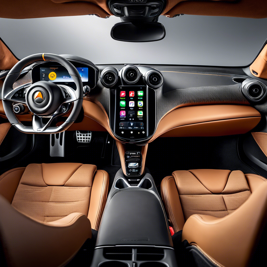McLaren car interior with Apple CarPlay touchscreen, luxury tan leather seats, carbon fiber trim