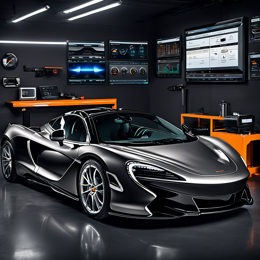 Luxury sports car in a modern garage with diagnostic tool screens and premium accessories