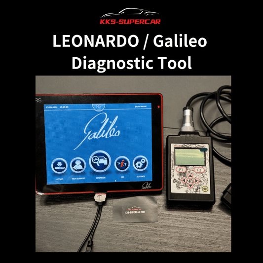LEONARDO Galileo car diagnostic tool kit for exotic vehicles on a desk with cables