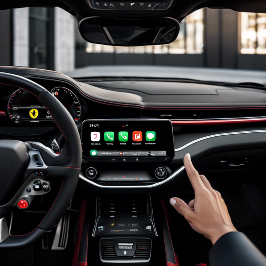 Apple CarPlay interface on Ferrari touchscreen with person interacting.