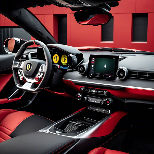 Ferrari interior with Apple CarPlay on the infotainment screen.