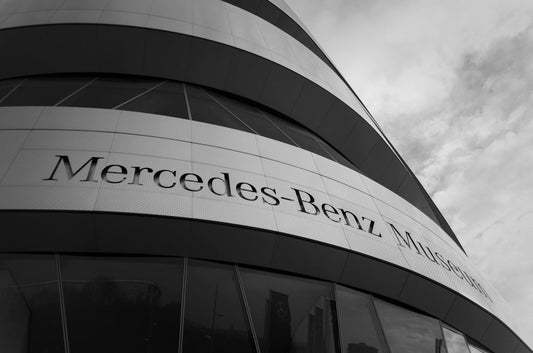Modern Mercedes-Benz Museum building exterior with curved glass and metal architecture