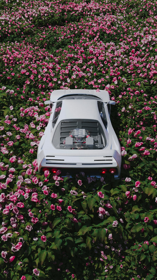 a car is parked in a field of flowers