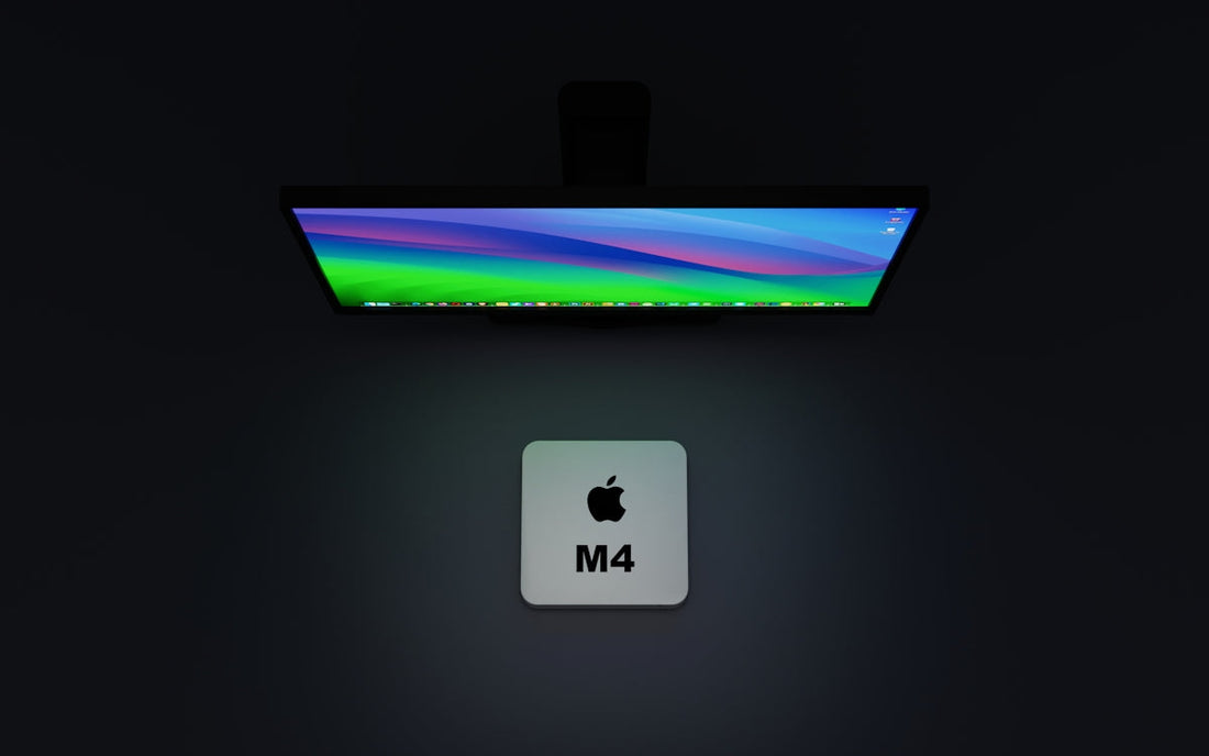 Apple M4 chip and widescreen computer monitor with colorful display on dark background