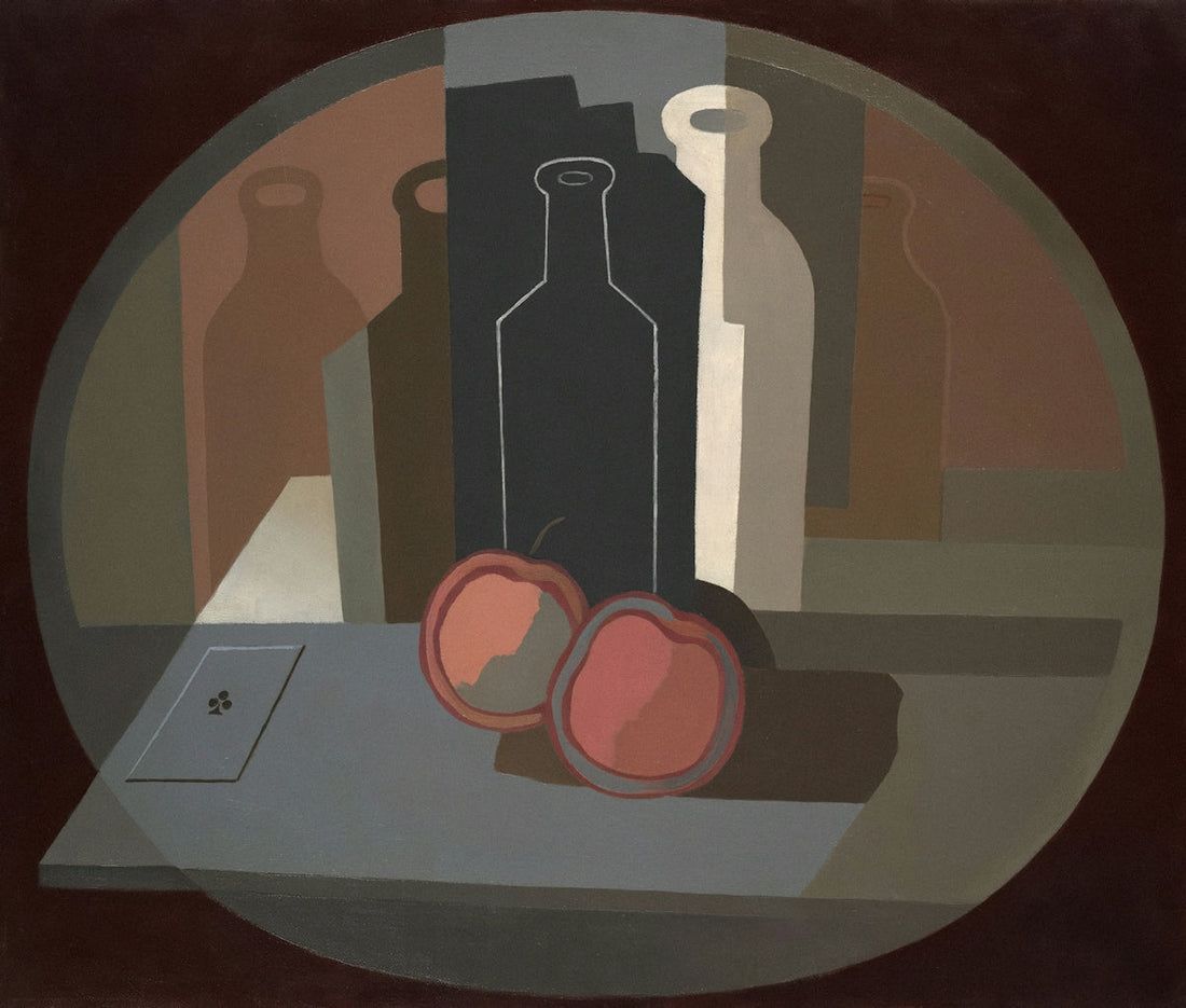 Geometric still life painting with two peaches, cards, and abstract bottles in muted colors