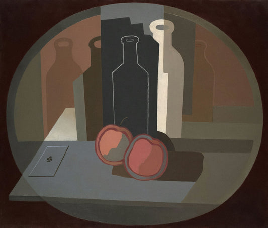 Geometric still life painting with two peaches, cards, and abstract bottles in muted colors