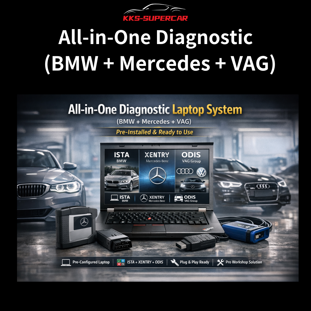 All-in-one laptop-based diagnostic tool for BMW, Mercedes, and VAG vehicles with ISTA, Xentry, ODIS software and automotive interface devices shown beside BMW and Audi cars in a garage setting.