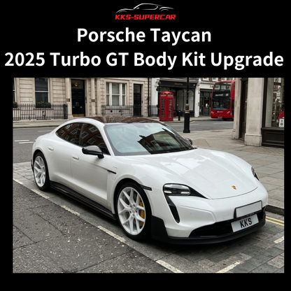 White Porsche Taycan 2025 Turbo GT with body kit upgrade parked on city street