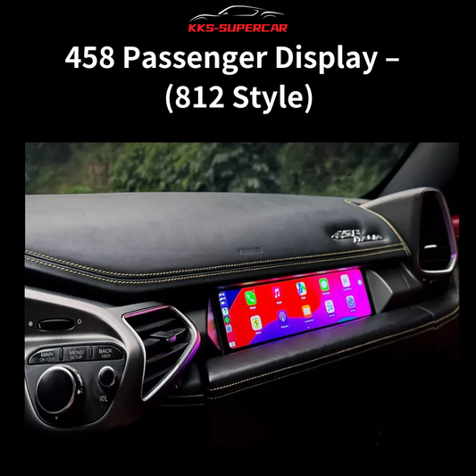 Ferrari 458 passenger display 812 style showing Apple CarPlay on luxury dashboard.