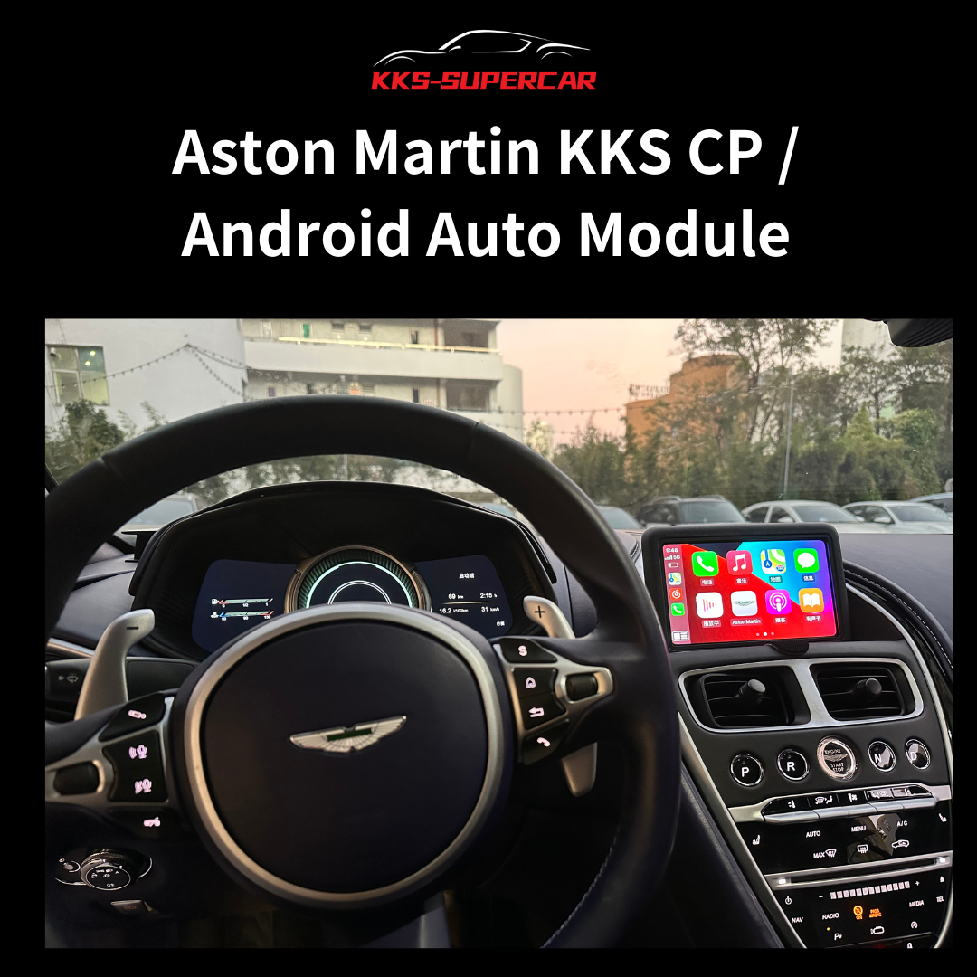 Aston Martin interior with Apple CarPlay Android Auto module on dashboard display.