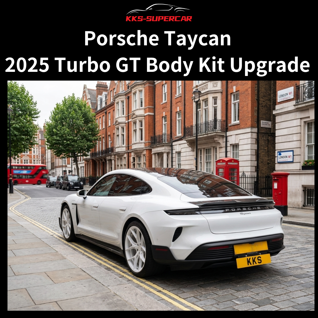 White Porsche Taycan with 2025 Turbo GT body kit upgrade parked on city street