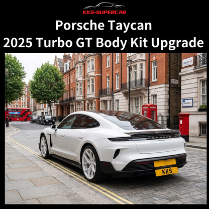 White Porsche Taycan with 2025 Turbo GT body kit upgrade parked on city street