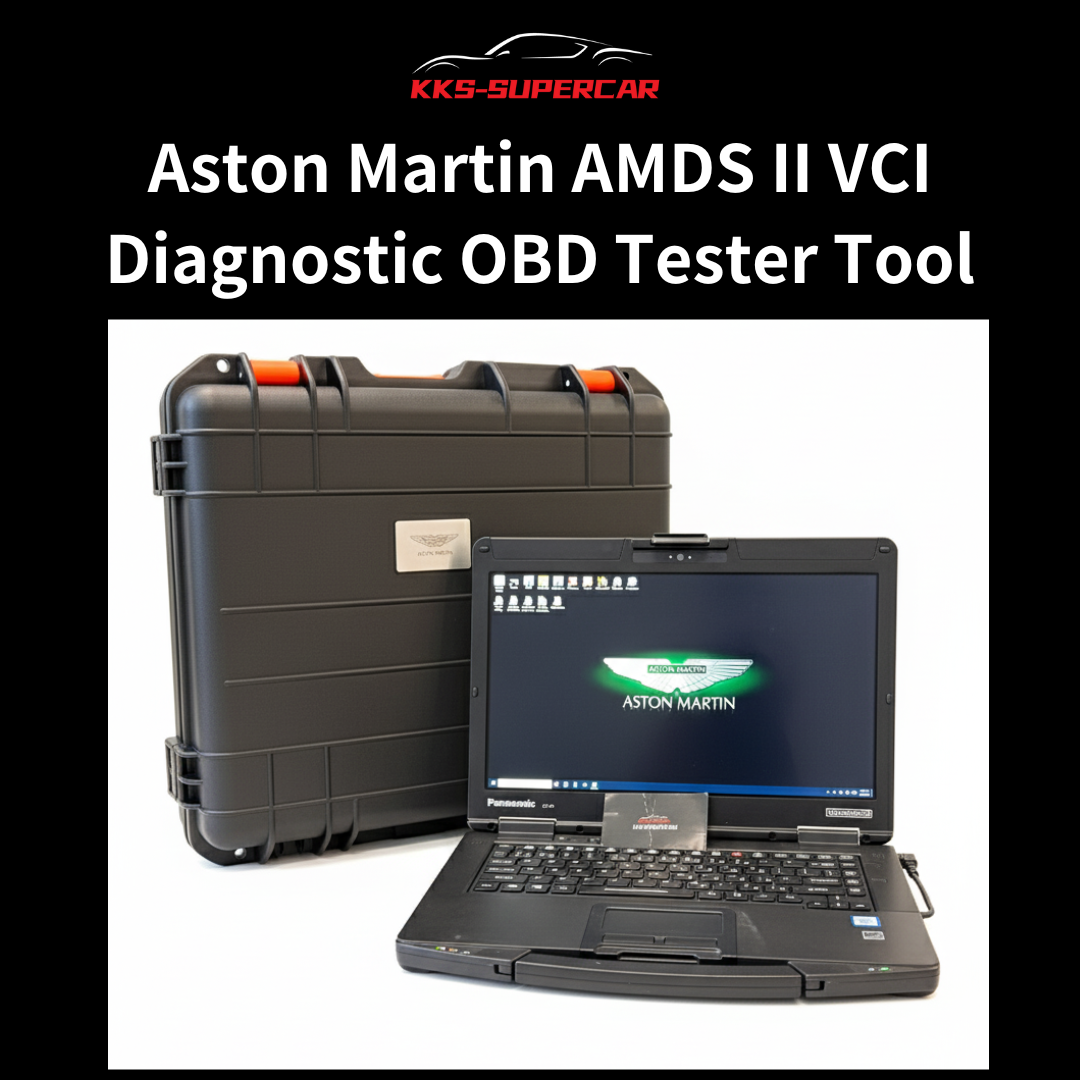 Aston Martin AMDS II VCI diagnostic OBD tool with rugged case and laptop.