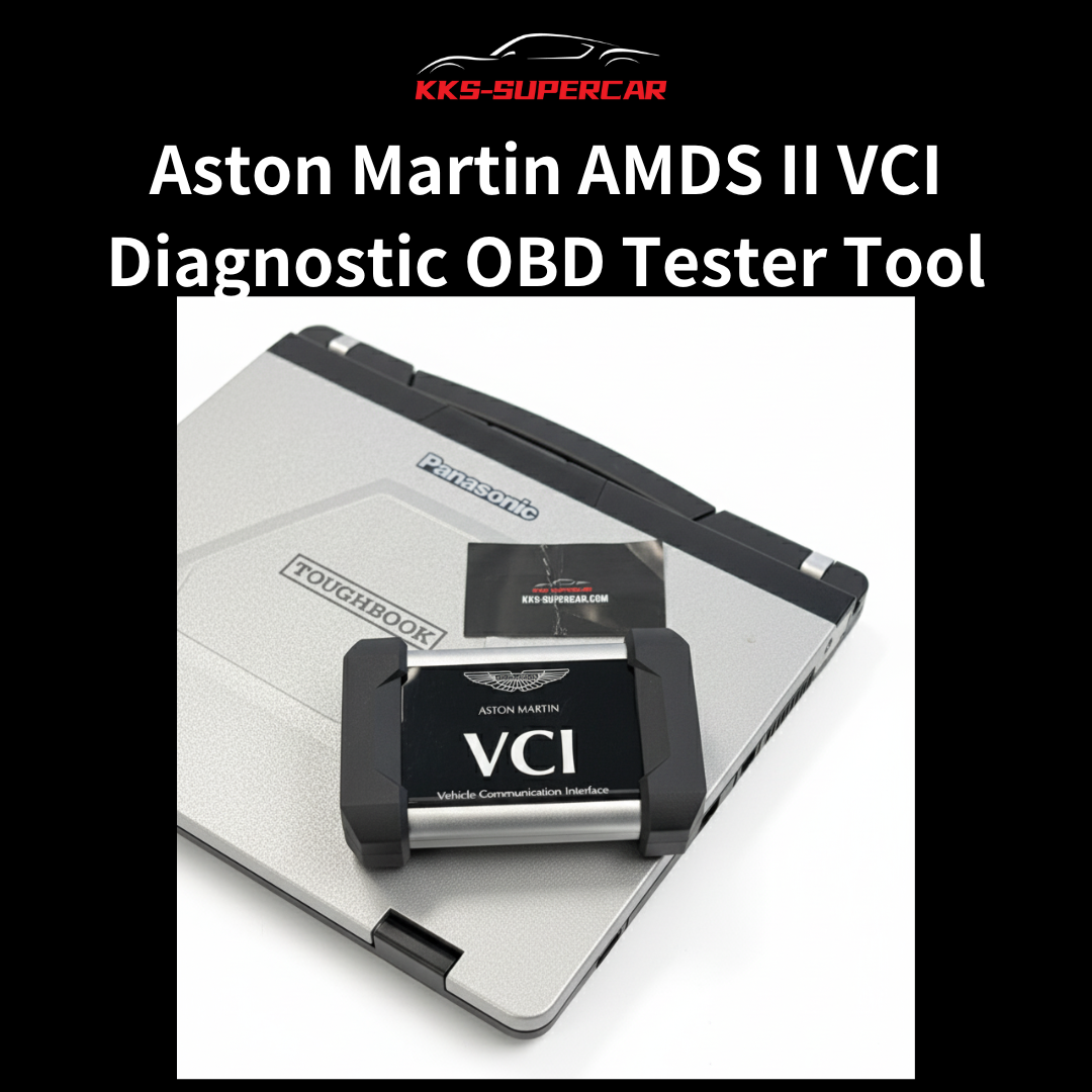 Aston Martin AMDS II VCI diagnostic OBD tester tool on Panasonic Toughbook laptop