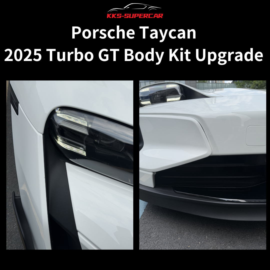 Close-up of 2025 Porsche Taycan Turbo GT body kit upgrade, showing headlight and front bumper details.