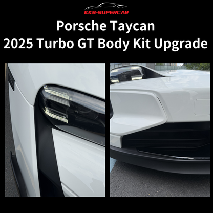 Close-up of 2025 Porsche Taycan Turbo GT body kit upgrade, showing headlight and front bumper details.