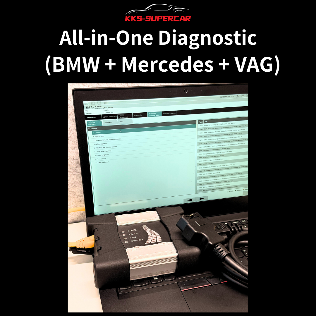 All-in-one automotive diagnostic tool connected to laptop with BMW software display