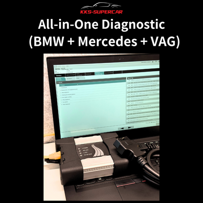 All-in-one automotive diagnostic tool connected to laptop with BMW software display