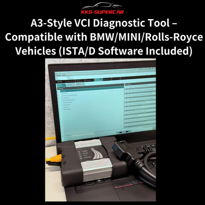 A3-style VCI diagnostic tool connected to a laptop running ISTA/D software for BMW, MINI, and Rolls-Royce vehicles.
