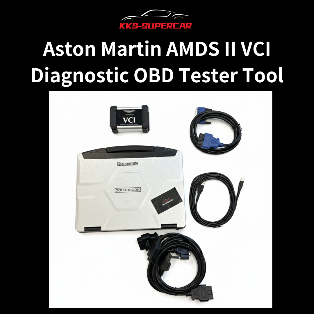 Aston Martin AMDS II VCI diagnostic OBD tester tool kit with Panasonic Toughbook and cables.