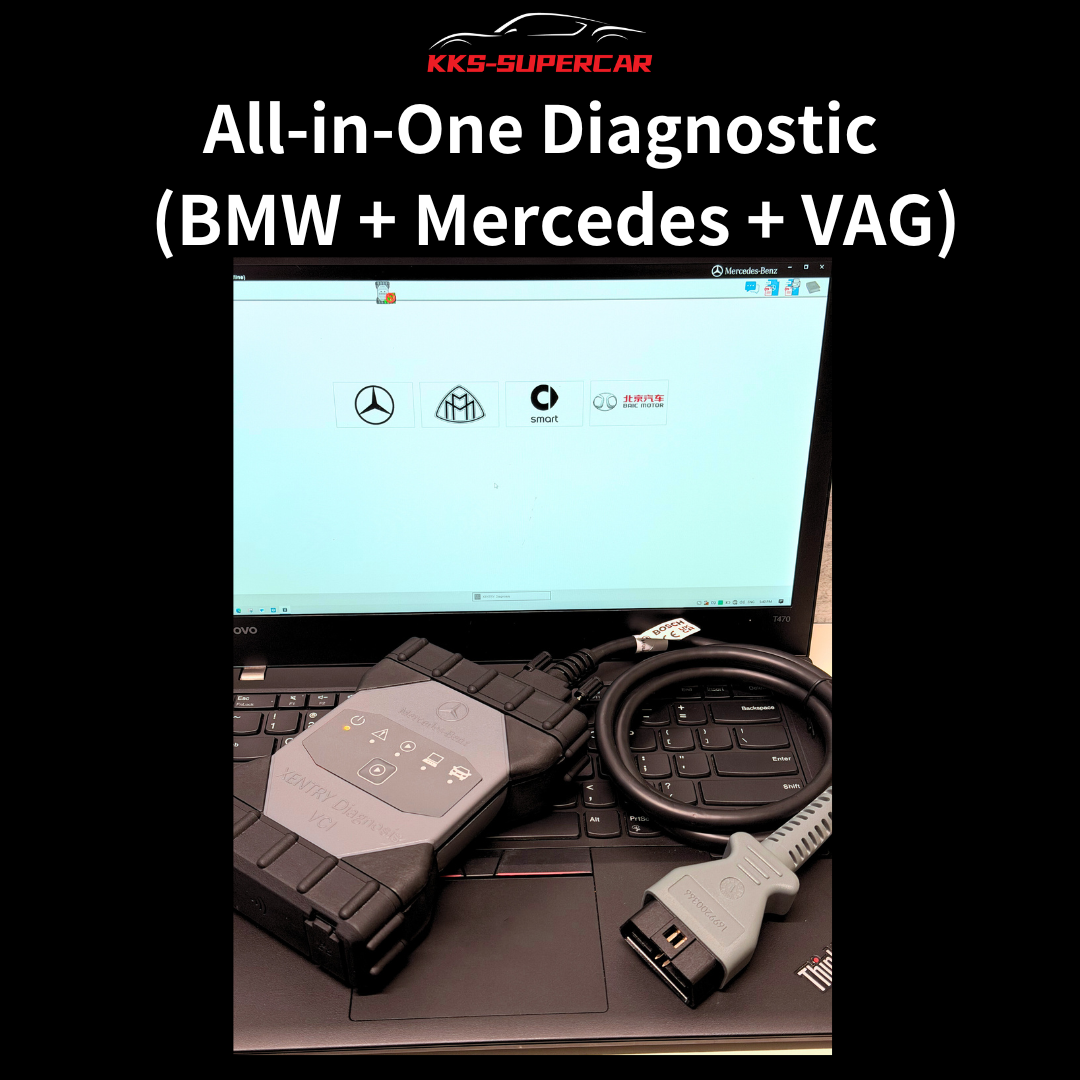 All-in-one diagnostic tool for BMW, Mercedes, VAG with OBD device on laptop screen.