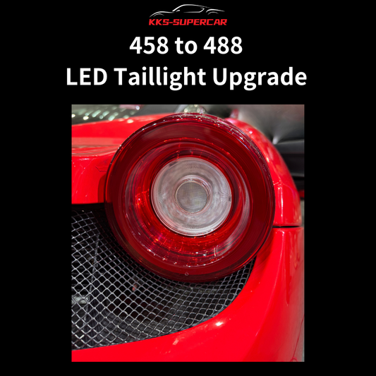 Red LED taillight upgrade for Ferrari 458 to 488, close-up on luxury sports car.