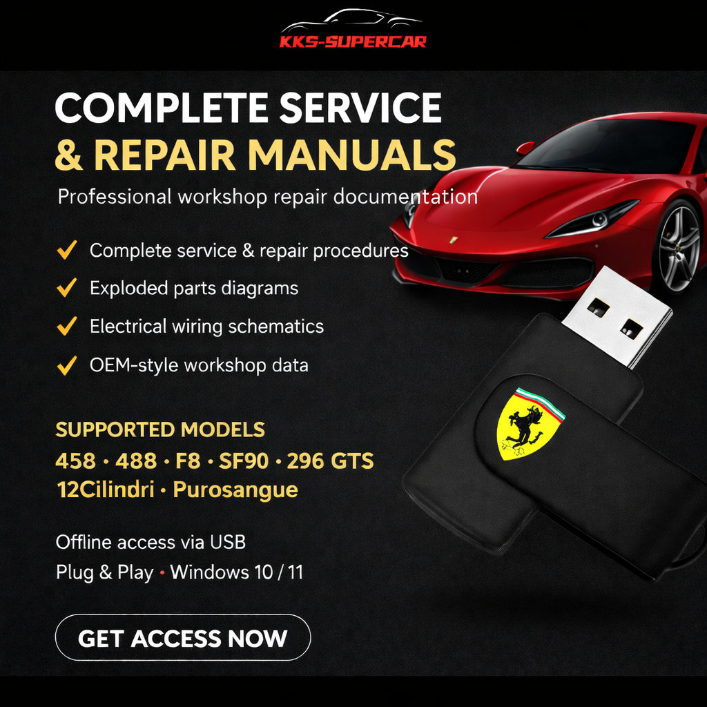 Ferrari service and repair manuals USB, red Ferrari car, supported models listed, black background