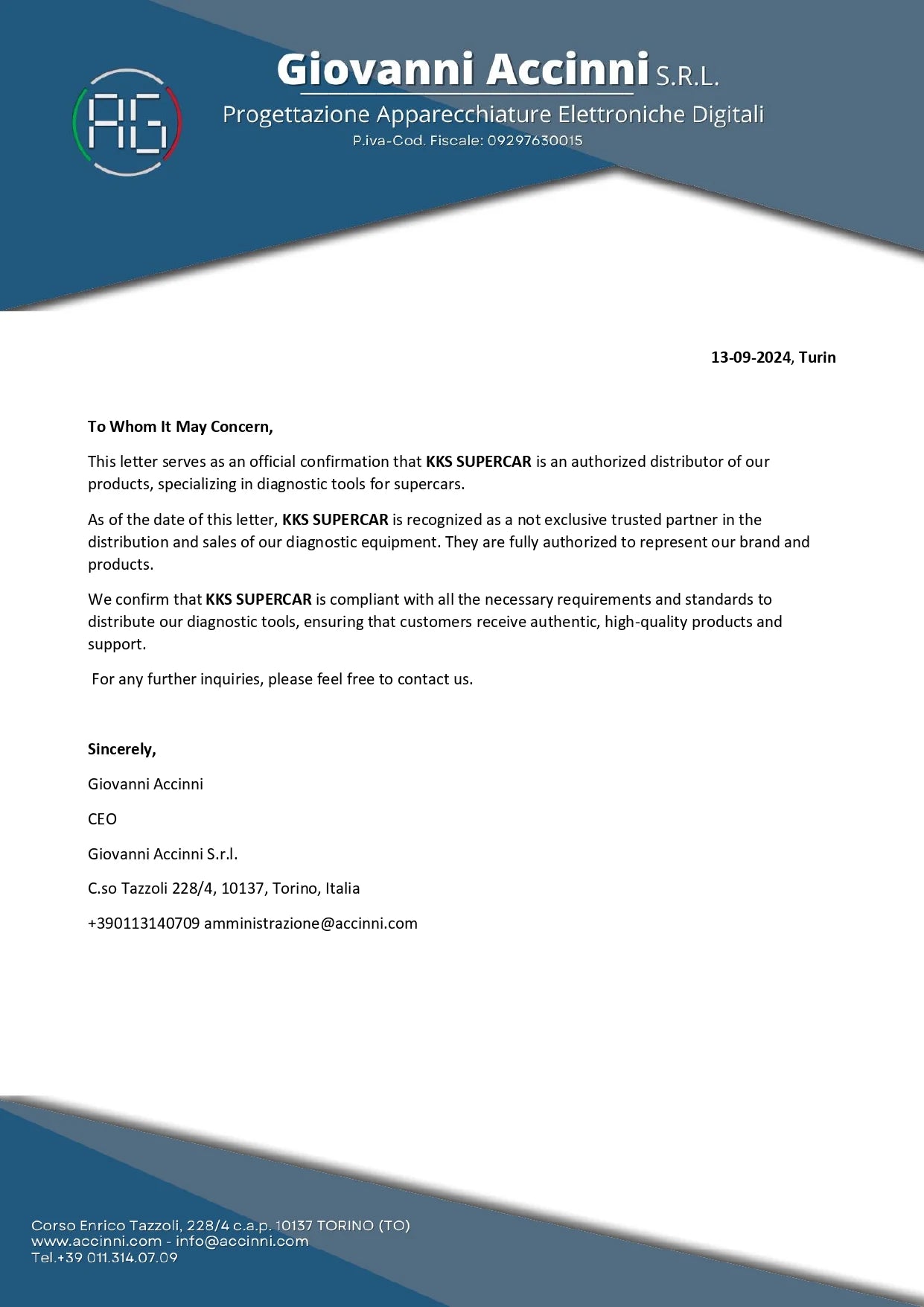 Official authorization letter confirming distributor status for supercar diagnostic tools.