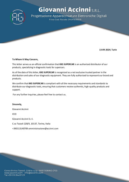 Official authorization letter confirming distributor status for supercar diagnostic tools.